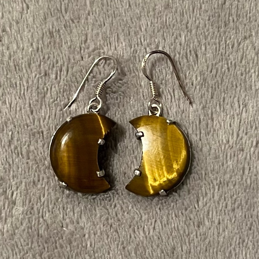 Tiger’s Eye Crescent Moon Drop Earrings 925 Sterling Silver NWOT